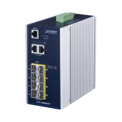 SWITCH INDUSTRIAL ADMINISTRABLE L2+, 8 PUERTOS 1G SFP, 2 PUERTOS TP GIGABIT, (-40 ~75 GRADOS C)-Networking-PLANET-IGS-10080MFT-Bsai Seguridad & Controles