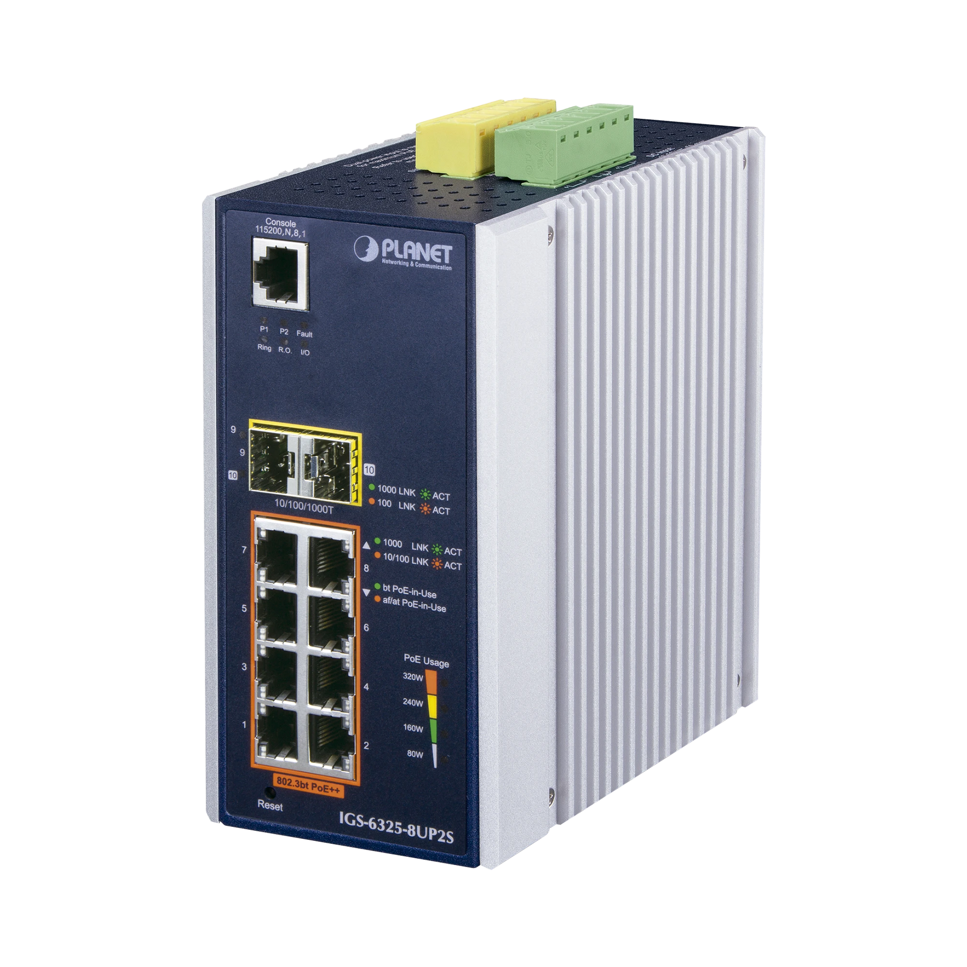 SWITCH INDUSTRIAL ADMINISTRABLE L3 DE 8 PUERTOS GIGABIT POE 802.3BT + 2 PUERTOS SFP, 2 PUERTOS SFP+ (360W)-PoE de Largo Alcance-PLANET-Bsai Seguridad & Controles