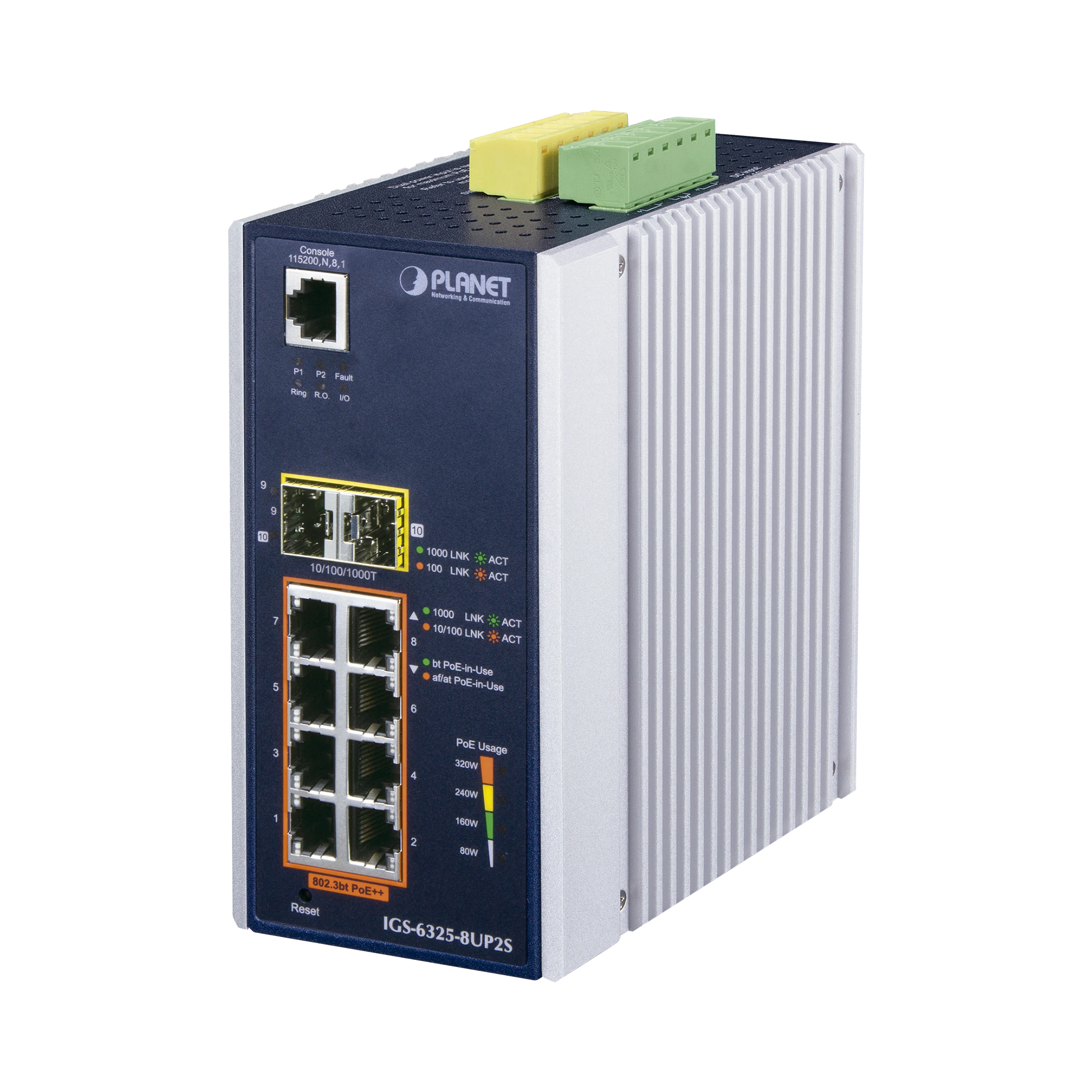 SWITCH INDUSTRIAL ADMINISTRABLE L3 DE 8 PUERTOS GIGABIT POE 802.3BT + 2 PUERTOS SFP, 2 PUERTOS SFP+ (360W)-PoE de Largo Alcance-PLANET-Bsai Seguridad & Controles