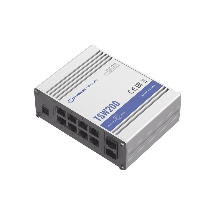 SWITCH INDUSTRIAL NO-ADMINISTRABLE 8 PUERTOS GIGABIT POE, 2 PUERTOS SFP-Switches-Teltonika-Bsai Seguridad & Controles