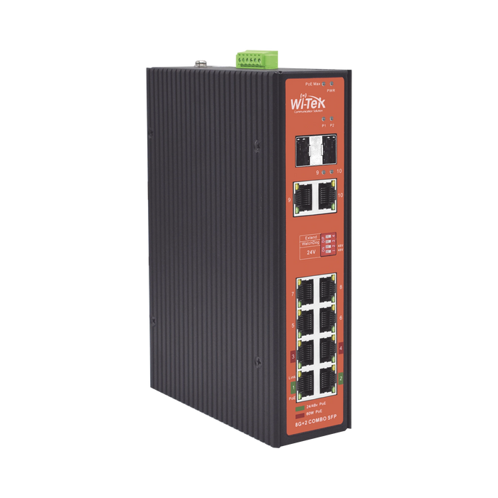 SWITCH INDUSTRIAL POE++ Y PASIVO DE 24V, NO ADMINISTRABLE CON 8 PUERTOS GIGABIT + 2 SFP COMBO-Inyectores PoE-WI-TEK-WI-PS310GF-I-V2-Bsai Seguridad & Controles