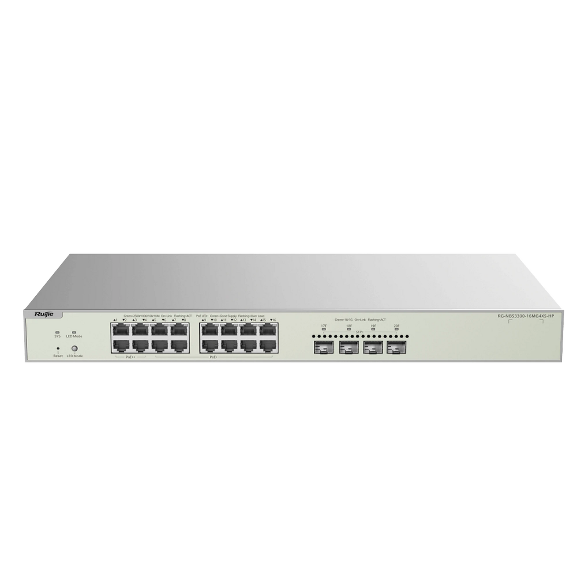 SWITCH MULTI-GIGABIT POE++ HASTA 370W, CAPA 2 CON 4 PUERTOS 2.5G (90W), 12 PUERTOS 2.5G (30W) Y 4 UPLINK SFP+ 10G , ADMINISTRABLE CLOUD, DISEÑADO PARA ACCESS POINTS WIFI 6/7-Networking-RUIJIE-RG-NBS3300-16MG4XS-HP-Bsai Seguridad & Controles