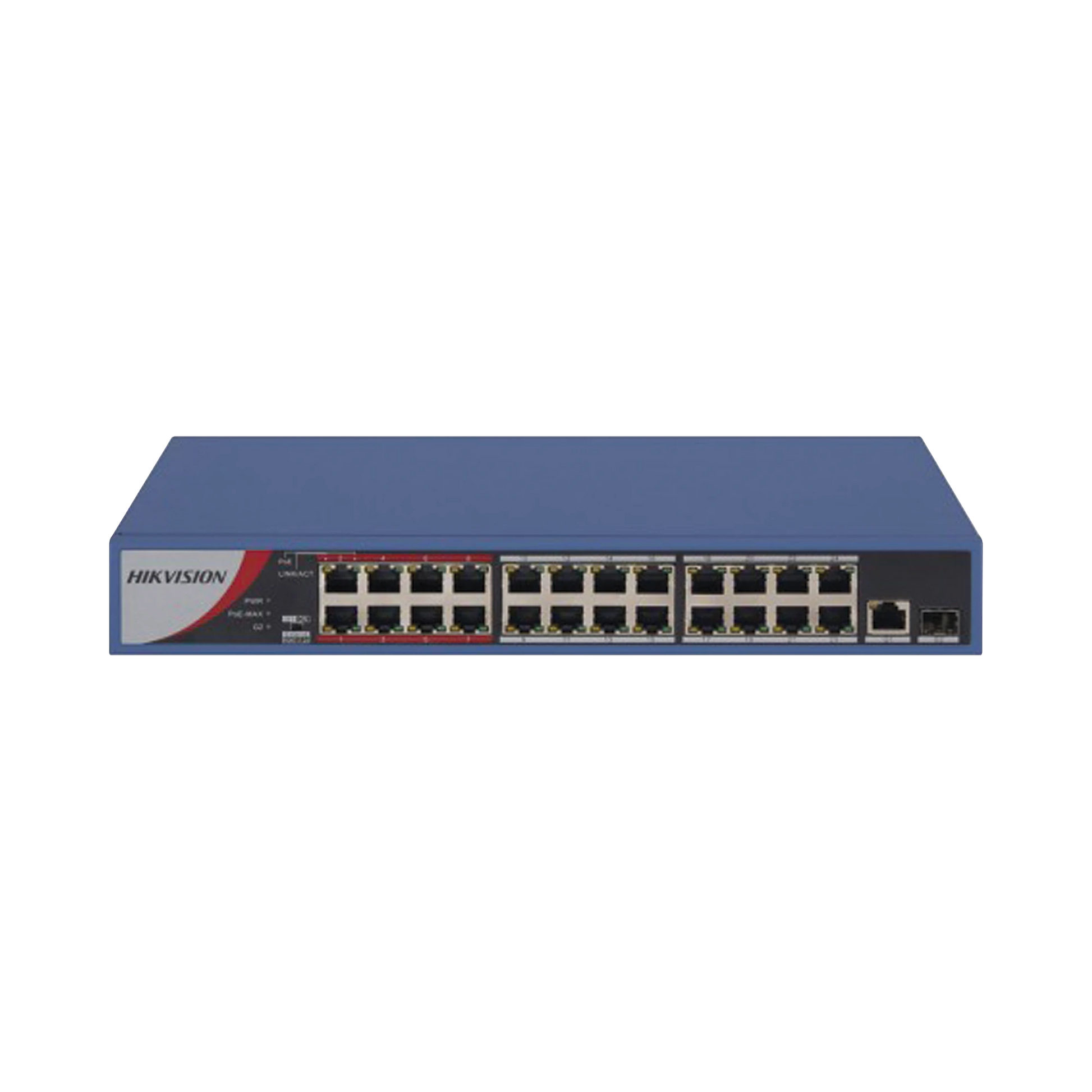 SWITCH POE+ / NO ADMINISTRABLE / 24 PUERTOS 10/100 MBPS POE+ / 1 PUERTO 10/100/1000 MBPS + 1 PUERTO SFP UPLINK / POE HASTA 250 METROS / 230 W-Networking-HIKVISION-Bsai Seguridad & Controles