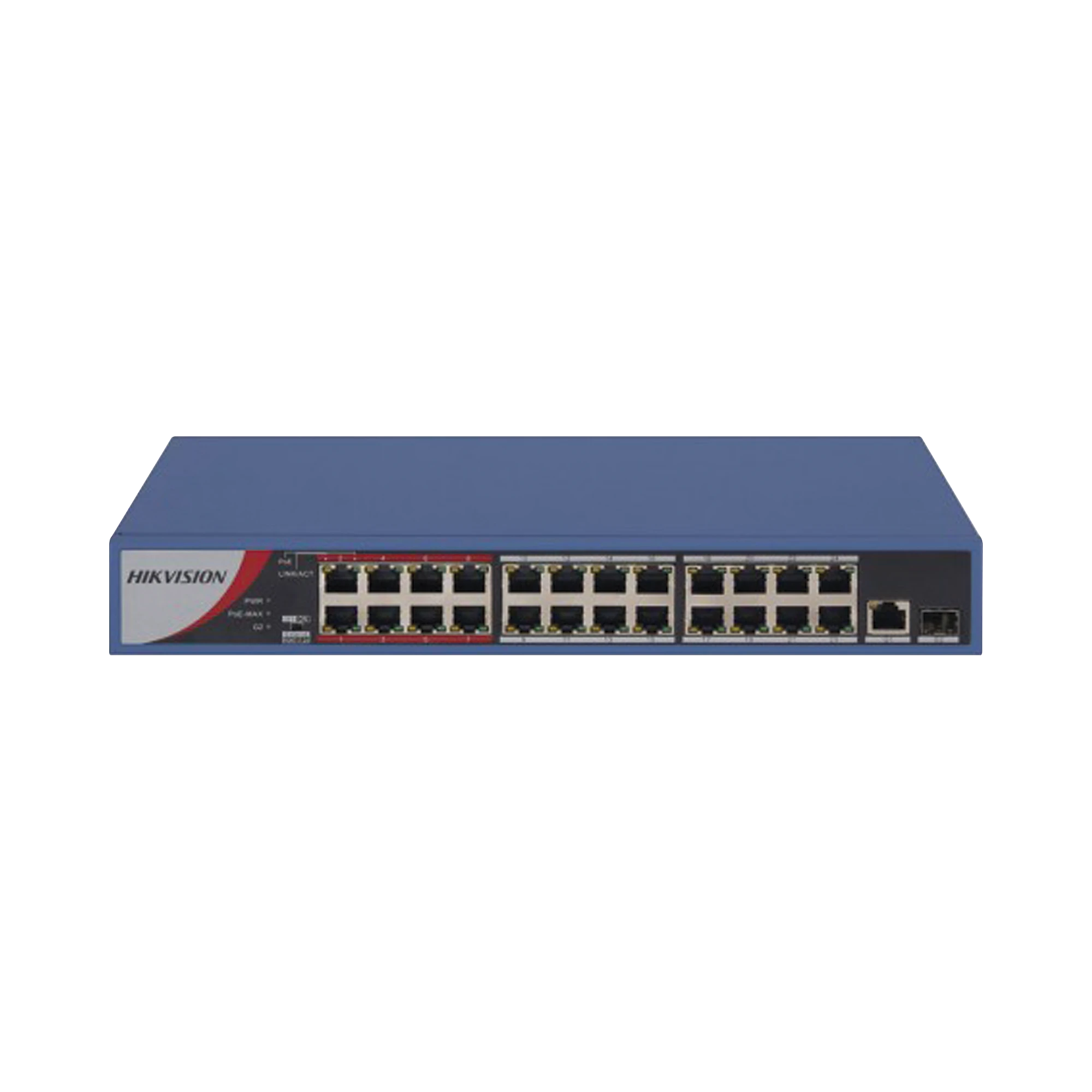 SWITCH POE+ / NO ADMINISTRABLE / 24 PUERTOS 10/100 MBPS POE+ / 1 PUERTO 10/100/1000 MBPS + 1 PUERTO SFP UPLINK / POE HASTA 250 METROS / 230 W-Networking-HIKVISION-Bsai Seguridad & Controles