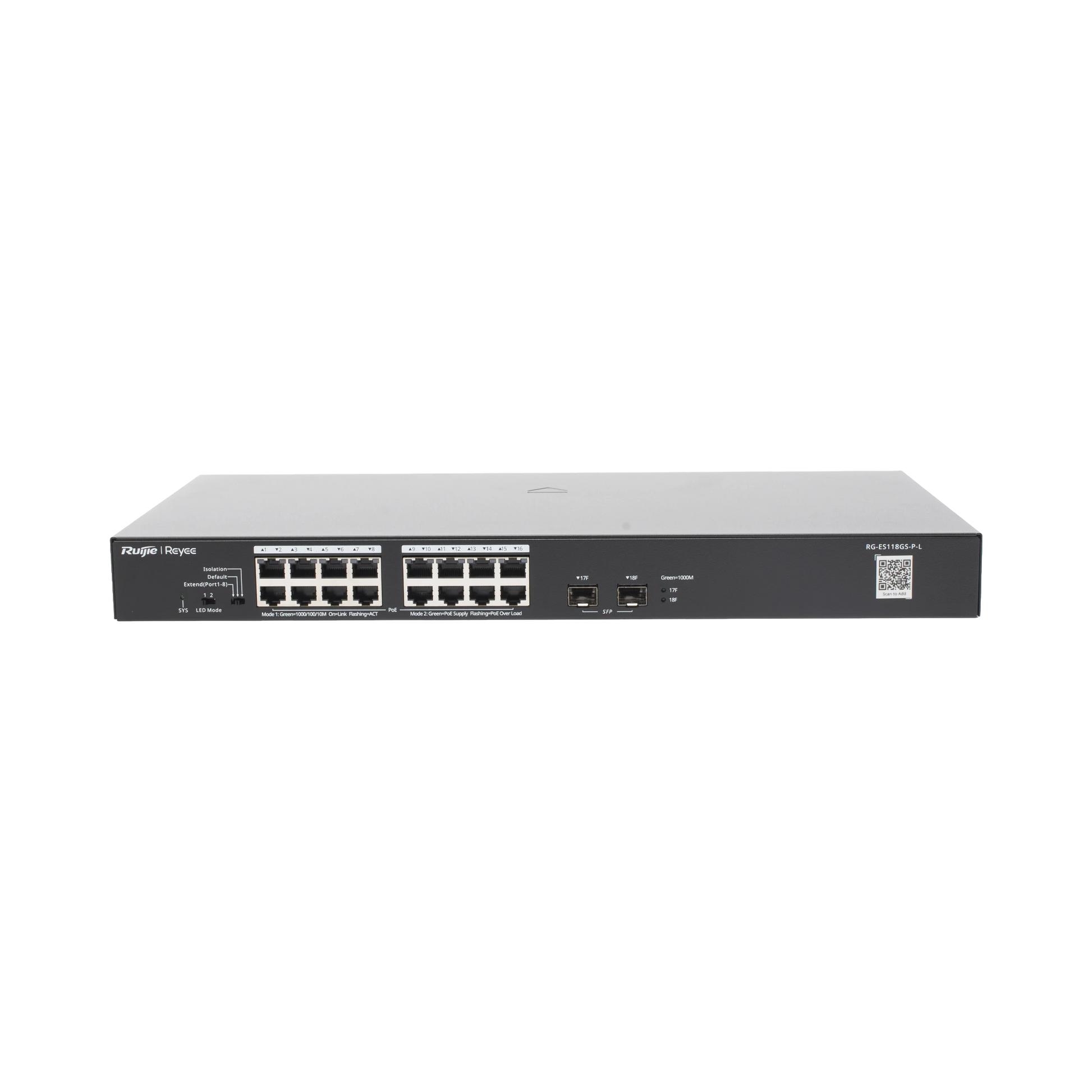 SWITCH POE+ NO ADMINISTRABLE CON 18PUERTOS GIGABIT Y 2 UPLINKS GIGABIT-Networking-RUIJIE-RG-ES118GS-P-L-Bsai Seguridad & Controles