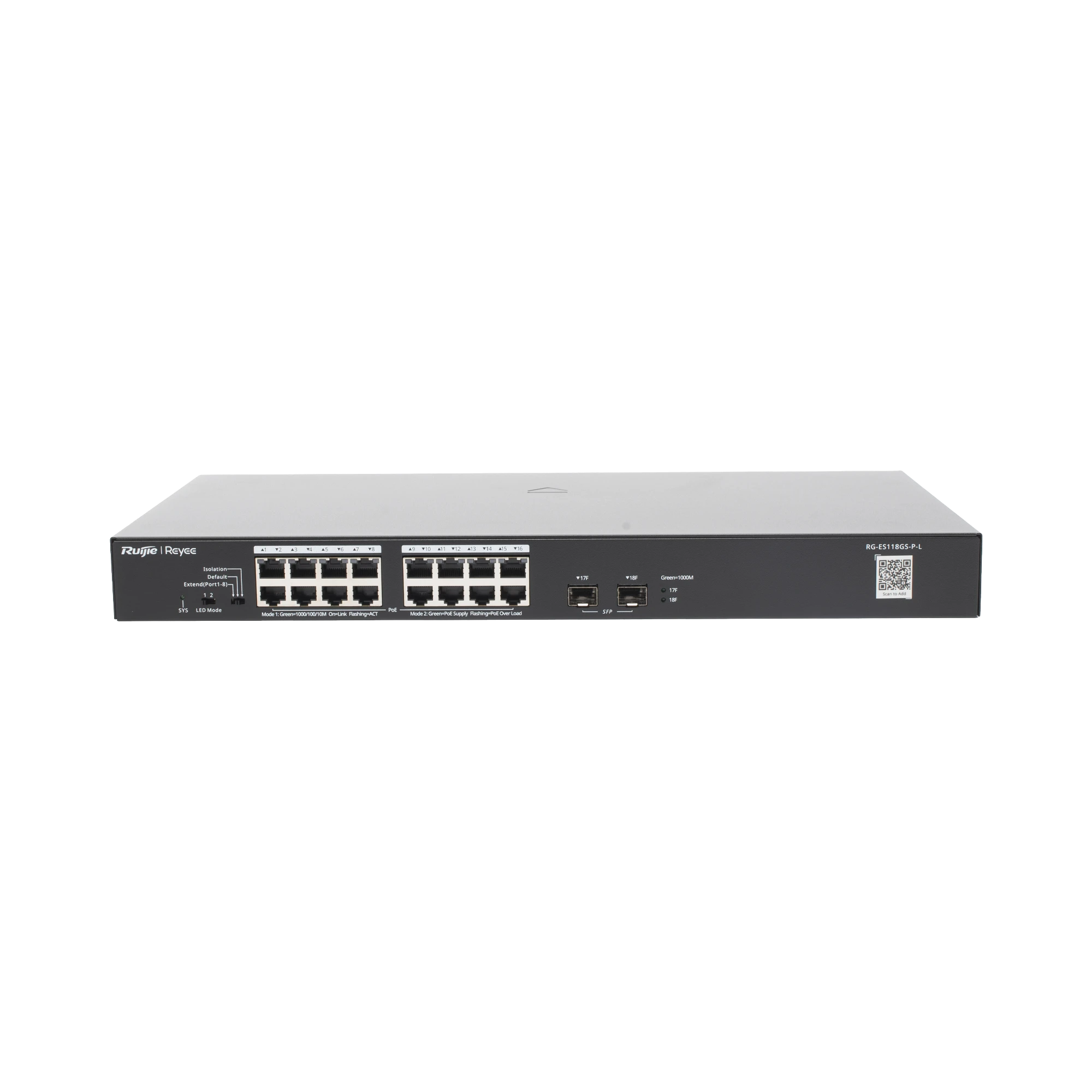 SWITCH POE+ NO ADMINISTRABLE CON 18PUERTOS GIGABIT Y 2 UPLINKS GIGABIT-Networking-RUIJIE-RG-ES118GS-P-L-Bsai Seguridad & Controles