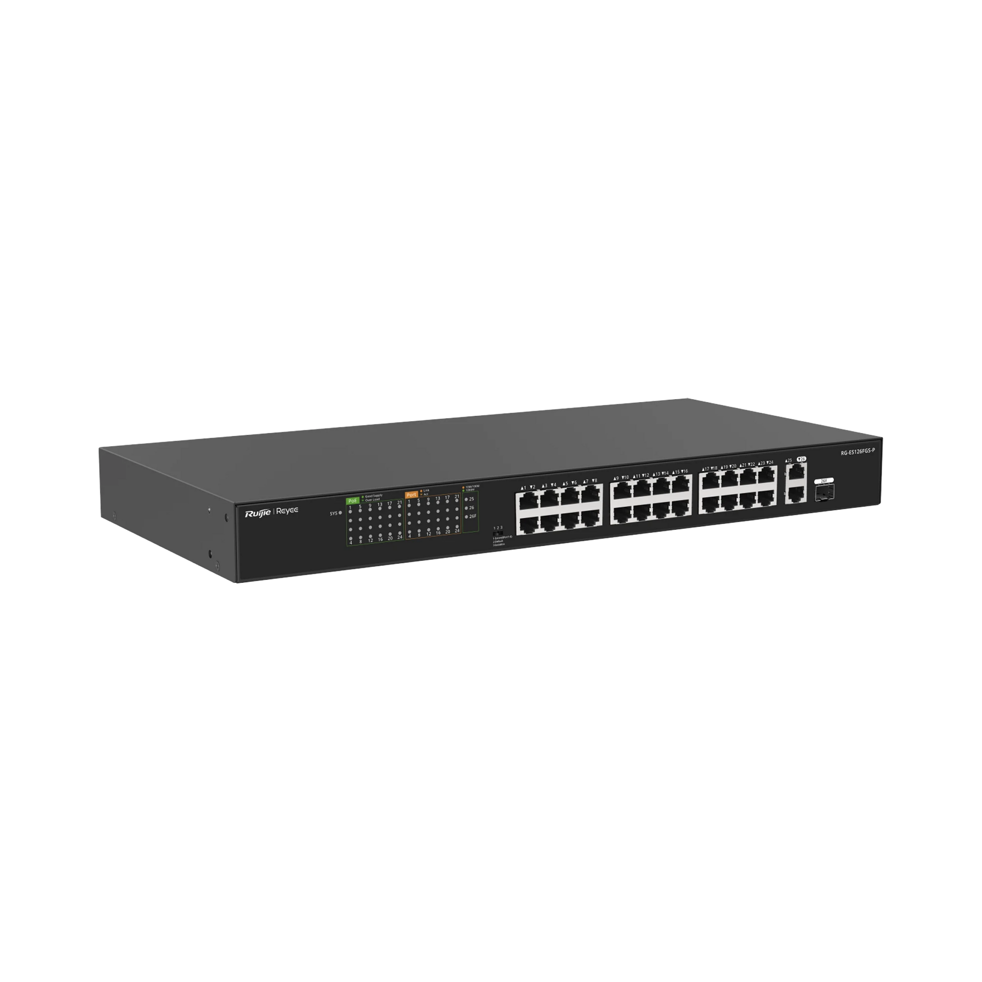 SWITCH POE, NO ADMINISTRABLE DE 2 PUERTOS GIGABIT Y 24 PUERTOS 10/100 MBPS, MONITOREABLE EN LA NUBE-Networking-RUIJIE-RG-ES126FGS-P-Bsai Seguridad & Controles
