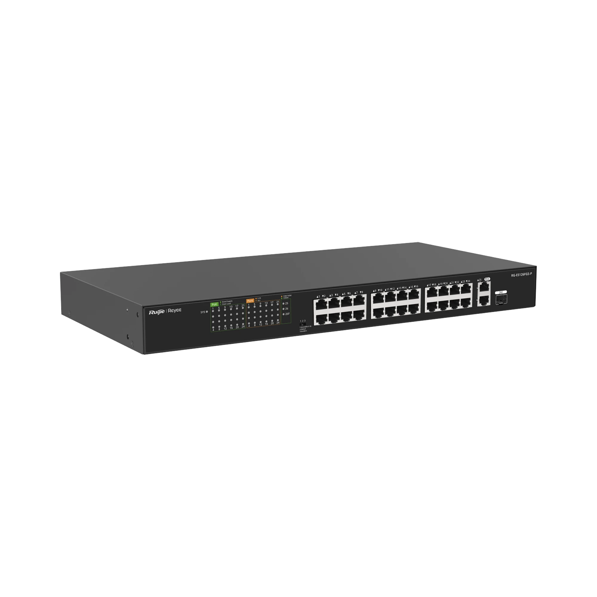 SWITCH POE, NO ADMINISTRABLE DE 2 PUERTOS GIGABIT Y 24 PUERTOS 10/100 MBPS, MONITOREABLE EN LA NUBE-Networking-RUIJIE-RG-ES126FGS-P-Bsai Seguridad & Controles
