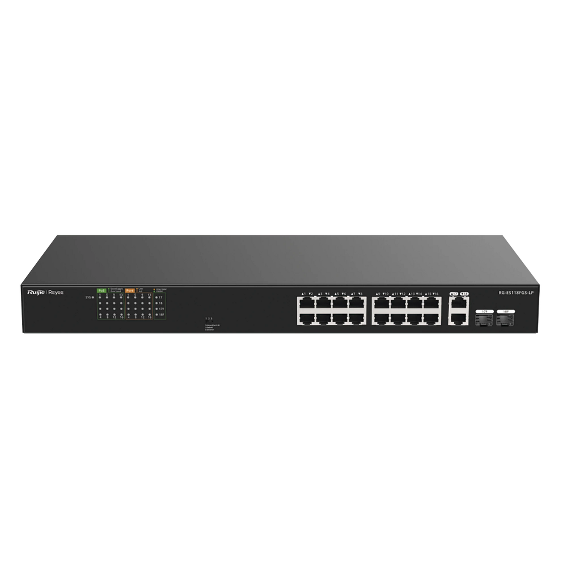 SWITCH POE+ NO ADMINISTRABLE IDEAL PARA CCTV, 16 PUERTOS 10/100, 2 UPLINKS GIGABIT Y 2 SFP, CARCASA METÁLICA-Networking-RUIJIE-RG-ES118FGS-LP-Bsai Seguridad & Controles