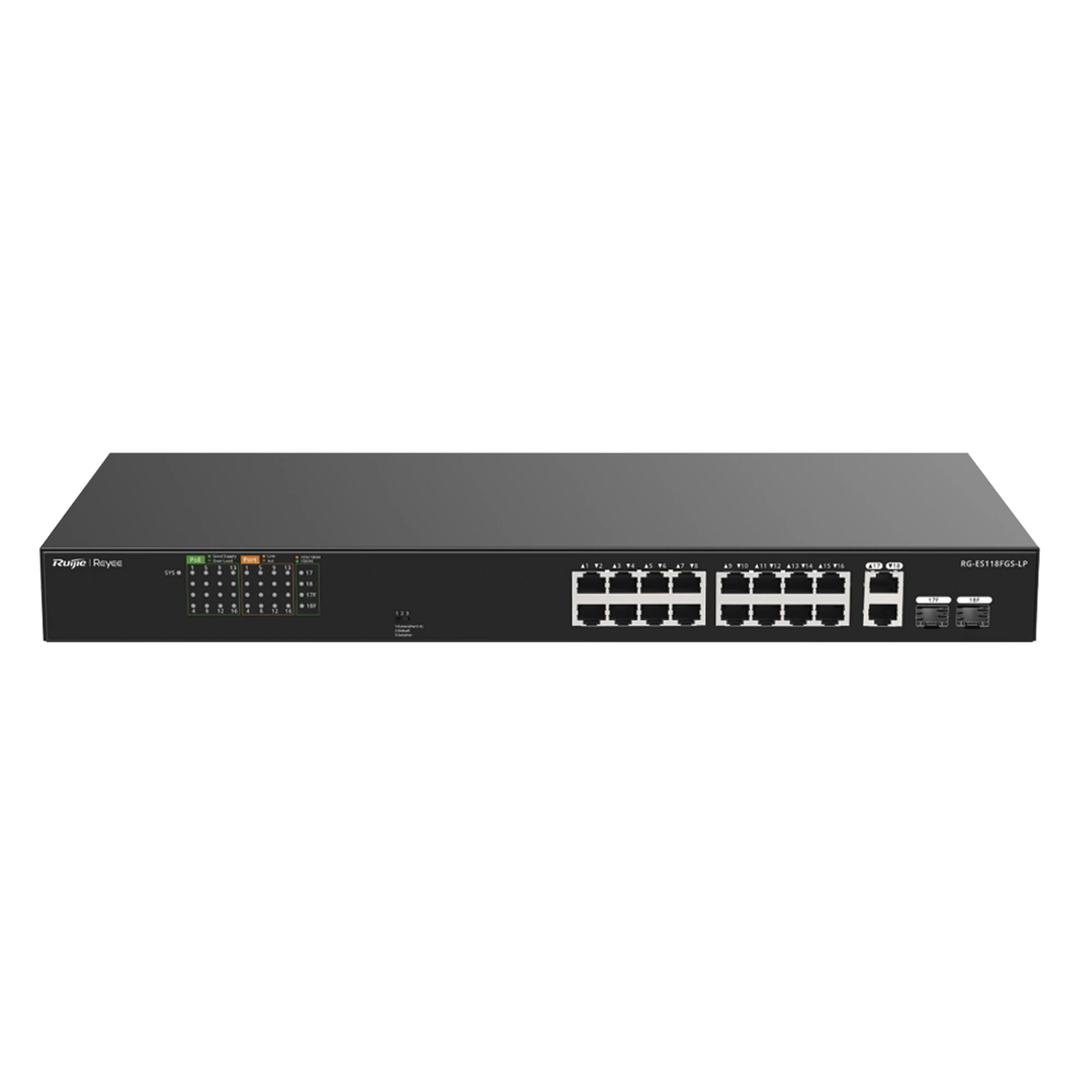 SWITCH POE+ NO ADMINISTRABLE IDEAL PARA CCTV, 16 PUERTOS 10/100, 2 UPLINKS GIGABIT Y 2 SFP, CARCASA METÁLICA-Networking-RUIJIE-RG-ES118FGS-LP-Bsai Seguridad & Controles