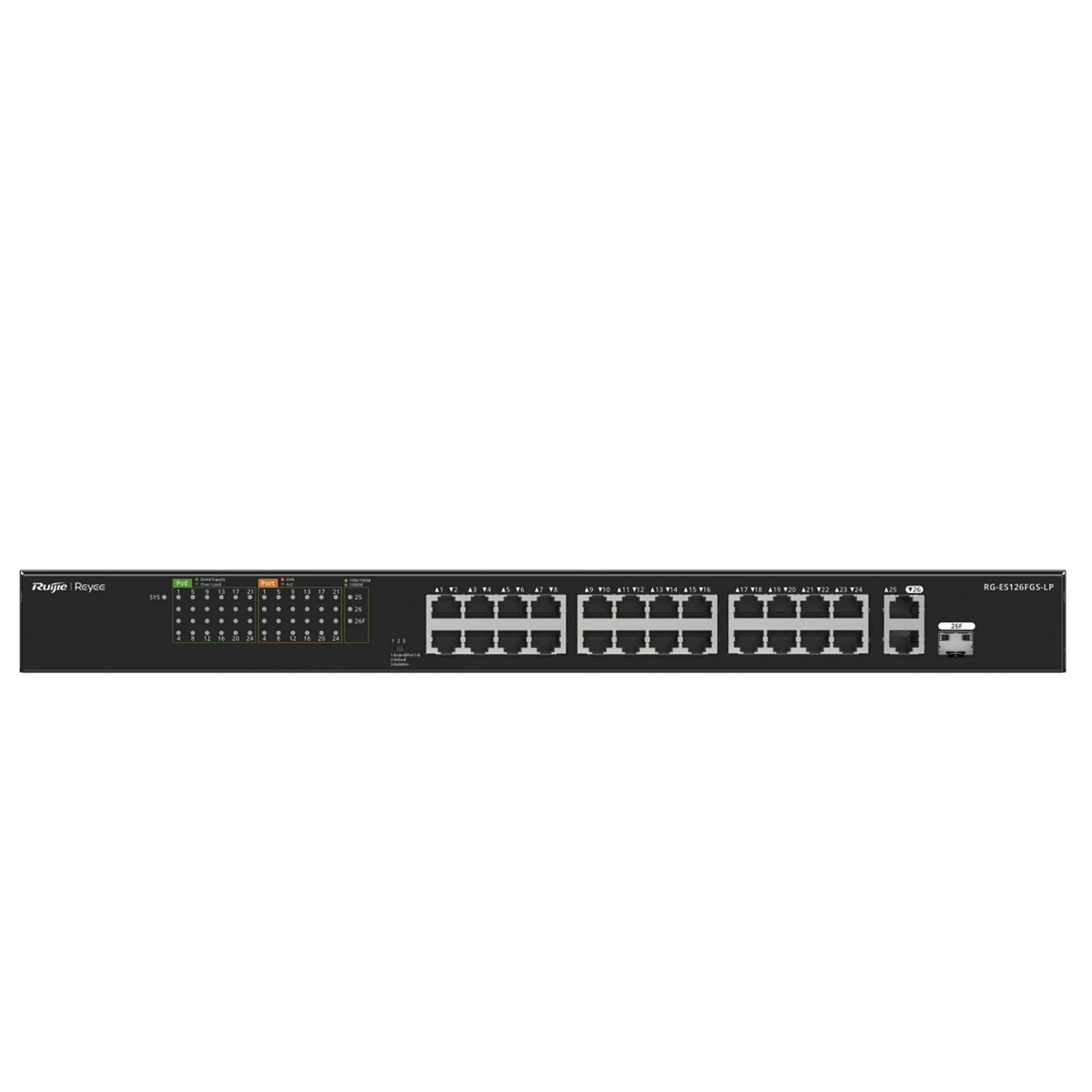 SWITCH POE+ NO ADMINISTRABLE IDEAL PARA CCTV, 24 PUERTOS 10/100 Y2 UPLINKS GIGABIT, CARCASA METÁLICA-Networking-RUIJIE-RG-ES126FGS-LP-Bsai Seguridad & Controles
