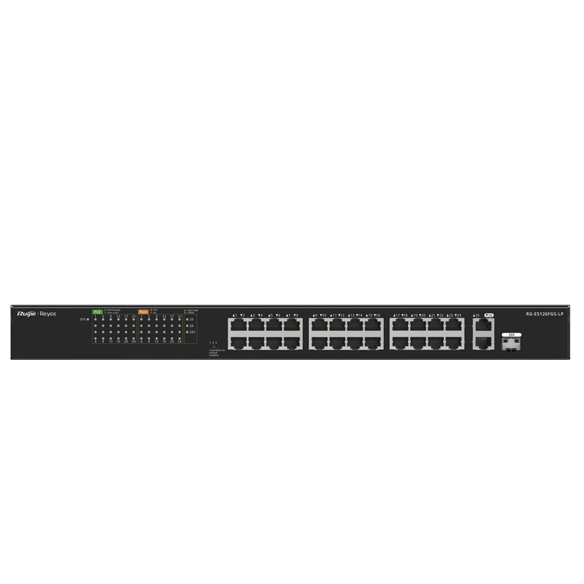 SWITCH POE+ NO ADMINISTRABLE IDEAL PARA CCTV, 24 PUERTOS 10/100 Y2 UPLINKS GIGABIT, CARCASA METÁLICA-Networking-RUIJIE-RG-ES126FGS-LP-Bsai Seguridad & Controles