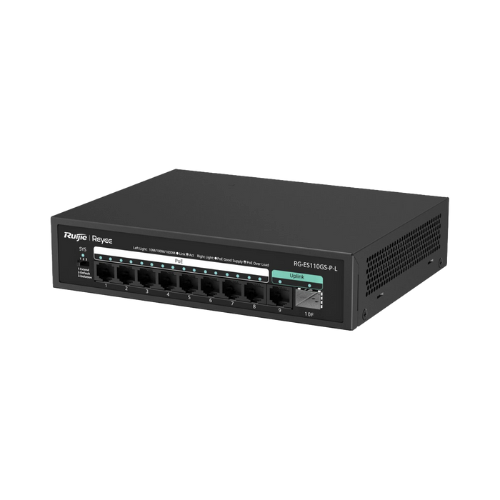 SWITCH POE, NO ADMINISTRABLE, CON 10 PUERTOS 10/100/1000 MBPS MONITOREARLE EN LA NUBE-Networking-RUIJIE-RG-ES110GS-P-L-Bsai Seguridad & Controles