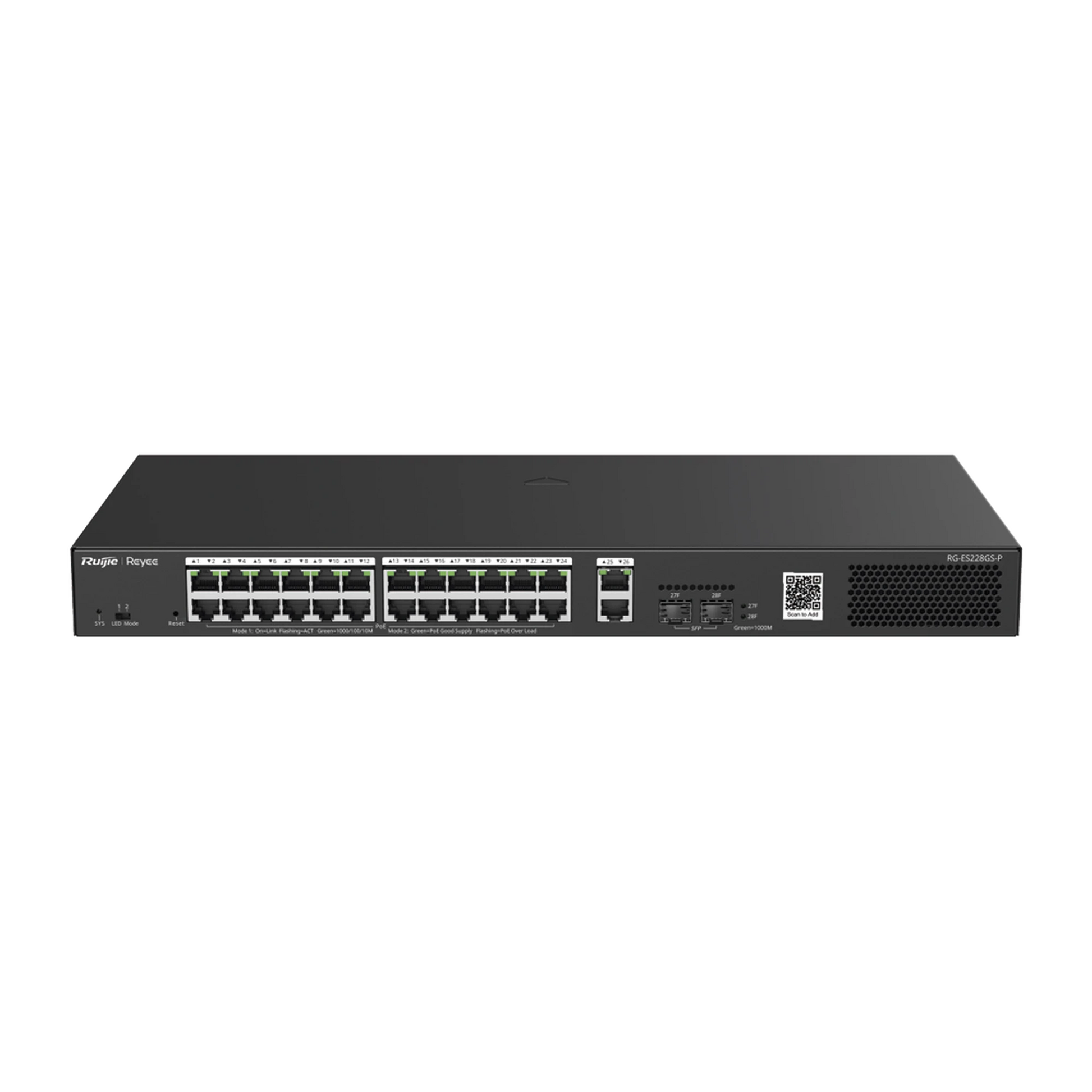 SWITCH SMART POE CON 24 PUERTOS GIGABIT POE 802.3AF/AT + 2 SFP PARA FIBRA 1GB, GESTIÓN GRATUITA DESDE LA NUBE, 370W-Networking-RUIJIE-Bsai Seguridad & Controles