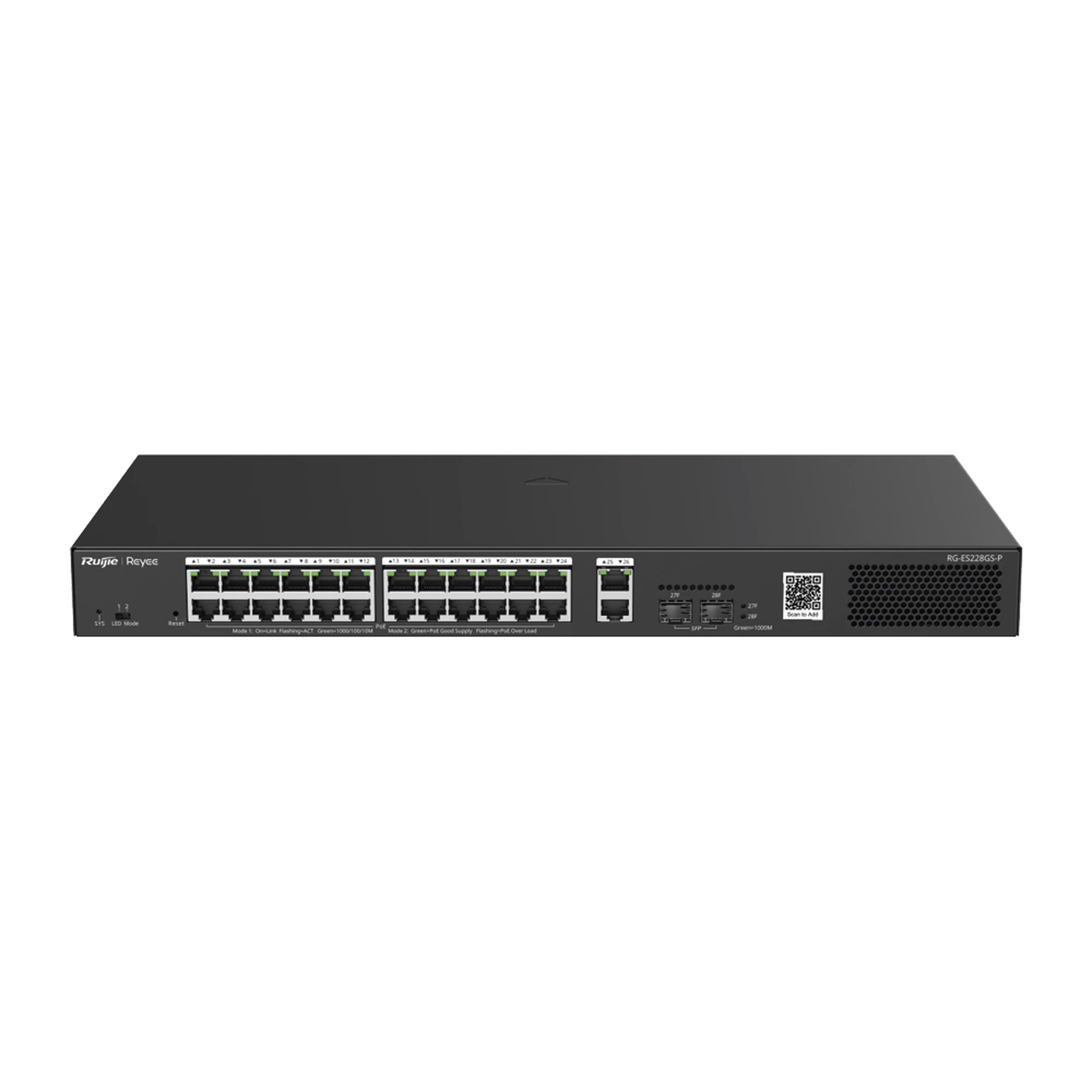 SWITCH SMART POE CON 24 PUERTOS GIGABIT POE 802.3AF/AT + 2 SFP PARA FIBRA 1GB, GESTIÓN GRATUITA DESDE LA NUBE, 370W-Networking-RUIJIE-Bsai Seguridad & Controles