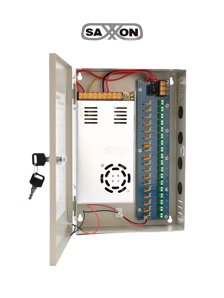 SAXXON SX30A18CH - FUENTE DE PODER PROFESIONAL 12 VCD / 30 AMPERES / 18 CANALES / 1.6 AMPERES POR CANAL / PROTECCIÓN CONTRA SOBRECARGAS / LED INDICADOR DE FUNCIONAMIENTO / CON SWITCH 110/220V-Fuentes con Distribuidor-SAXXON-Bsai Seguridad & Controles
