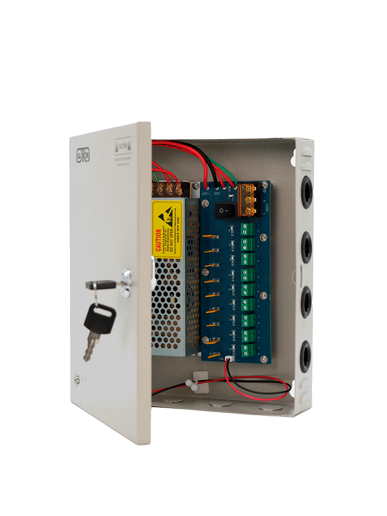 SAXXON SX10A9CH - FUENTE DE PODER PROFESIONAL 12 VCD / 10 AMPERES / 9 CANALES / 1.1 AMPERES POR CANAL / PROTECCIÓN CONTRA SOBRECARGAS / LED INDICADOR DE FUNCIONAMIENTO-Fuentes con Distribuidor-SAXXON-Bsai Seguridad & Controles