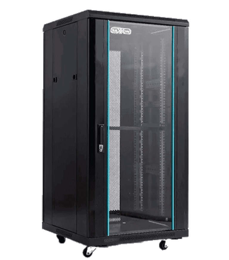 SAXXON SXR22U6622S - GABINETE DE PISO COLOR NEGRO / 22UR / PUERTA DE VIDRIO TEMPLADO / ALTO 109 CM / ANCHO 60 CM / PROFUNDIDAD 60 CM / INCLUYE BASE CON 2 VENTILADORES 220V-Gabinetes Piso / Pared-SAXXON-Bsai Seguridad & Controles