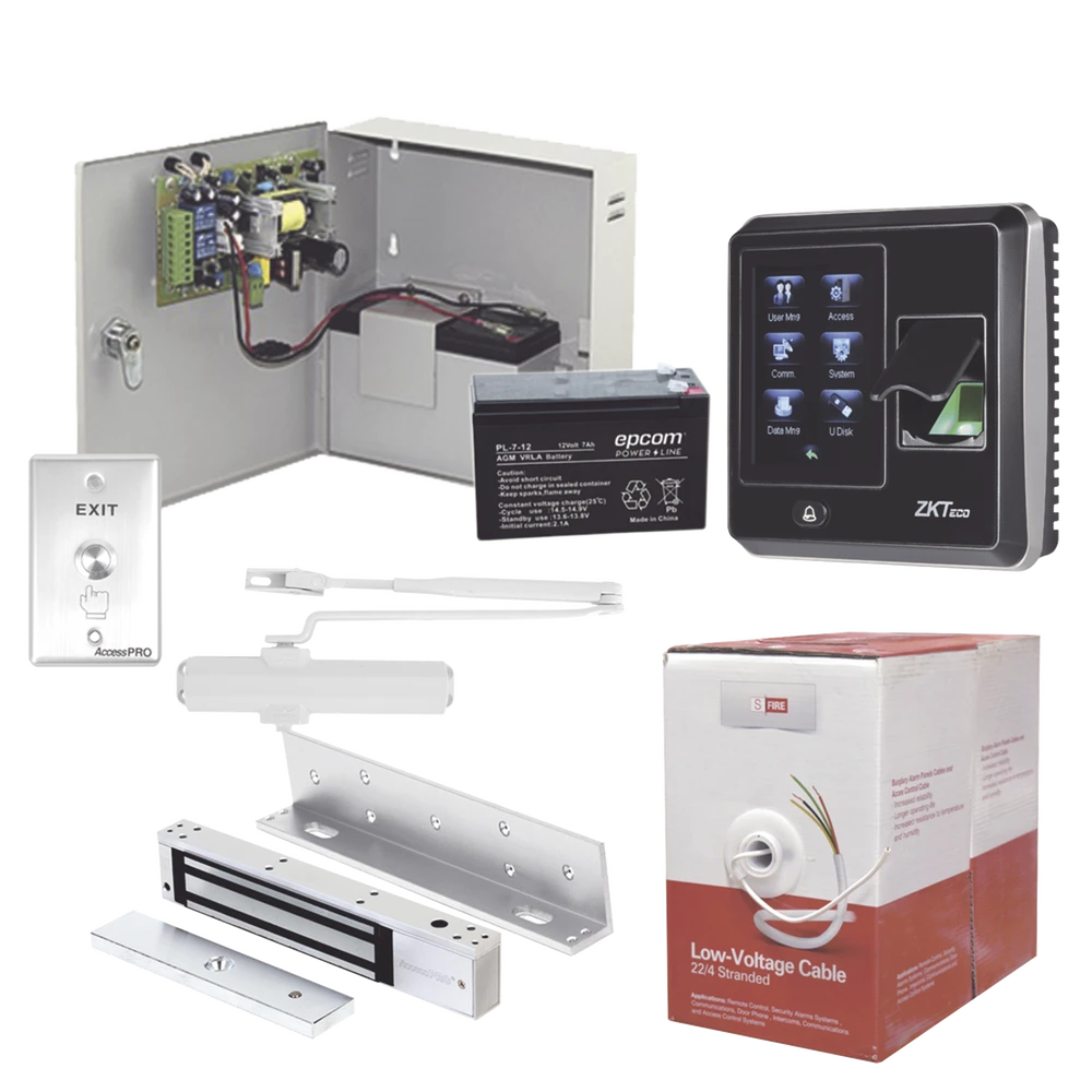 Sistema Completo de Acceso, Incluye Lector Biometrico SF300, Chapa magnética con bracket, Cierra puerta, Botón de Salida, Cable " Gratis ", y fuente profesional con Batería-Controles de Acceso-ACCESSPRO-Bsai Seguridad & Controles