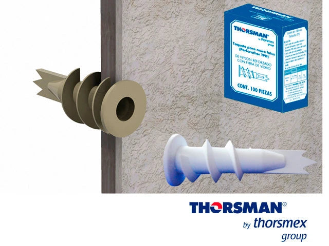 TAQUETE TABLARROCA PERFORATHOR TPD 1301-01100, CAJA 100 PIEZAS, COLOR BLANCO, NO SE REQUIERE TALADRAR EL MURO, RESISTENCIA AL IMPACTO, ELABORADO CON POLIAMIDA (NYLON NO. 6 CON FIBRA), TAQUETE ESPECIAL PARA TABLAROCA FALSO PLAFÓN Y MUROS FALSOS-Canalizacion-THORSMAN-Bsai Seguridad & Controles