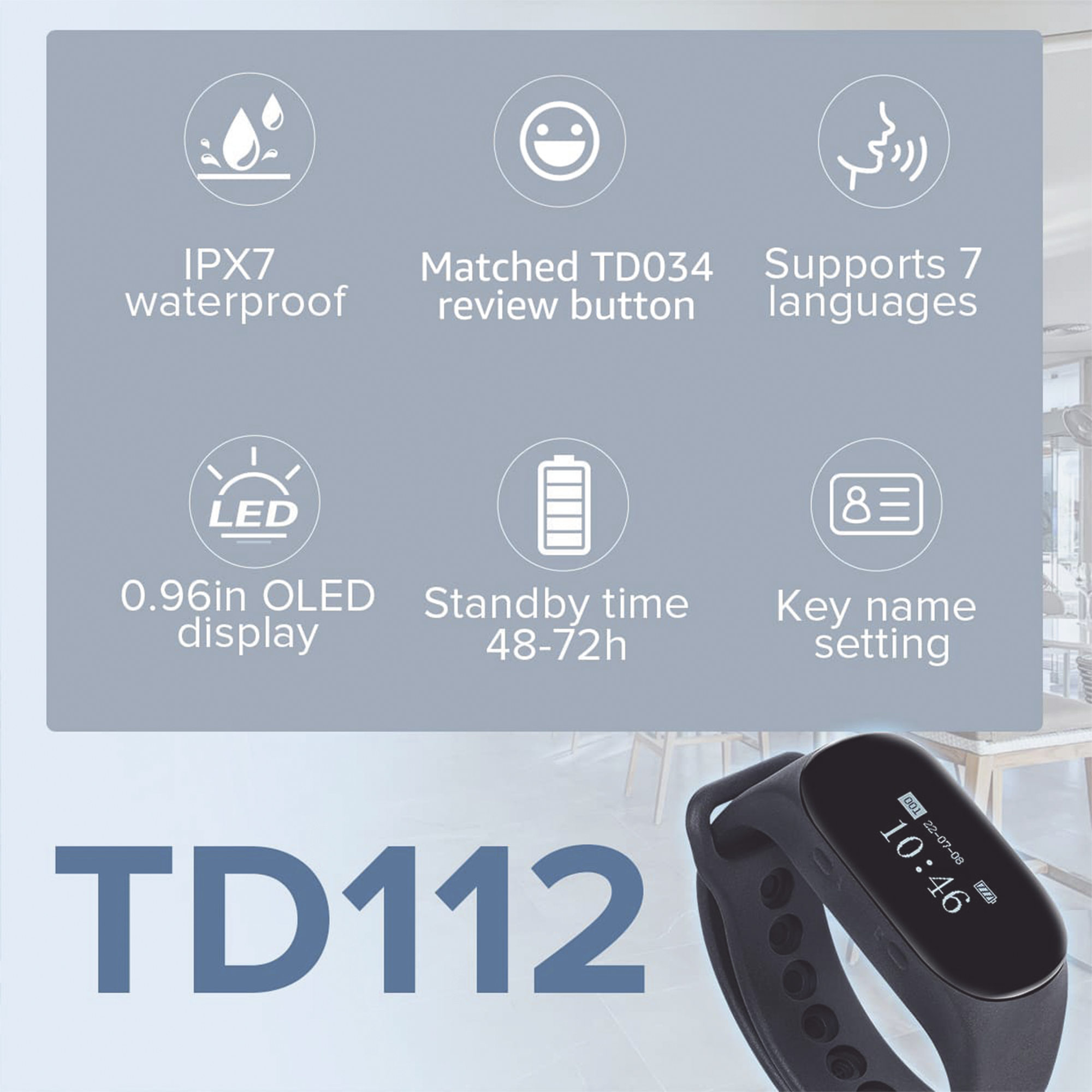 RELOJ BUSCADOR TD112 IPX7 / RESISTENTE AL AGUA / PANTALLA OLED / 180MAH / 48 HORAS STANDBY / 80-100M DISTANCIA DE RECEPCIÓN / COMPATIBLE CON 50 BOTONES TD009 Y T114 / 7 IDIOMAS / ALMACENAMIENTO DE 10 MENSAJES