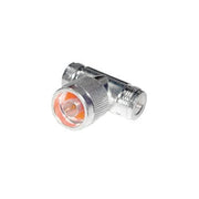 ADAPTADOR EN T, DE CONECTOR N MACHO A DOBLE N HEMBRA, PLATA/ ORO/ TEFLÓN.-Adaptadores-RF INDUSTRIES,LTD-Bsai Seguridad & Controles