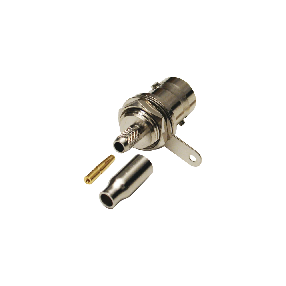 CONECTOR BNC HEMBRA A 50 OHM, MONTAJE FRONTAL EN D-PLANO, ANILLO PLEGABLE PARA CABLES RG-174/U Y RG-316/U, NIQUEL/ ORO/ TEFLÓN.-Conectores-RF INDUSTRIES,LTD-Bsai Seguridad & Controles