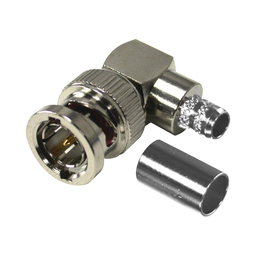 CONECTOR BNC MACHO EN ÁNGULO RECTO PARA 75 OHM, ANILLO PLEGABLE PARA CABLE COAXIAL RG-6/U, GRUPO Q, NÍQUEL/ ORO/ TEFLÓN.-Conectores-RF INDUSTRIES,LTD-Bsai Seguridad & Controles