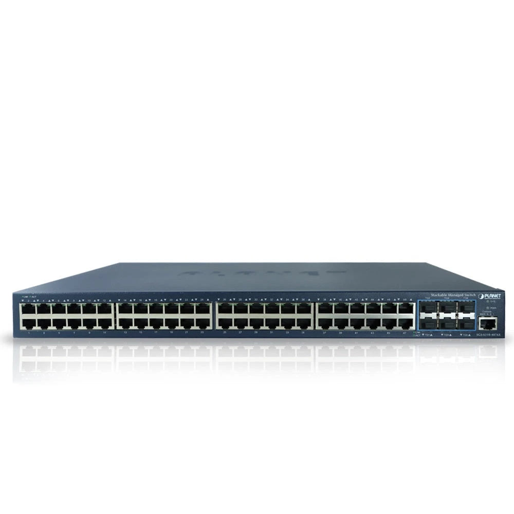 SWITCH PLANET STACKING SGS-6310-48T6X ADMINISTRABLE L2 + L3 RUTEO ESTATICO/ 48 PUERTOS RJ45 VELOCIDAD DE TRANSMISION 10/100/1000 MBPS + 6 SFP VELOCIDAD DE TRANSMISION 10 GB MONTAJE EN RACK/TEMPERATURA DE OPERACION 0-50 GRADOS CENTIGRADOS.-Switches-PLANET-Bsai Seguridad & Controles