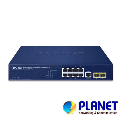 SWITCH PLANET GS-4210-8T2S ADMINISTRABLE L2 / 8 PUERTOS RJ45 VELOCIDAD DE TRANSMISION 10/100/1000 MBPS + 2 PUERTOS SFP VELOCIDAD DE TRANSMISION 1000 MBPS + 1 PUERTO RJ45 SERIAL/ TEMPERATURA DE OPERACION 0-50°C-Switches-PLANET-GS-4210-8T2S-Bsai Seguridad & Controles