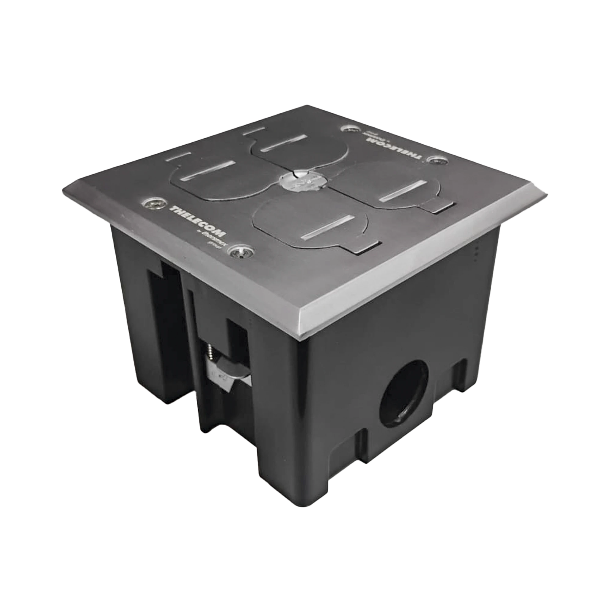 CAJA DE PISO CON TAPA ABATIBLE DE ALUMINIO PARA| ENERGÍA + VOZ/DATOS PARA USO EN INTERIOR