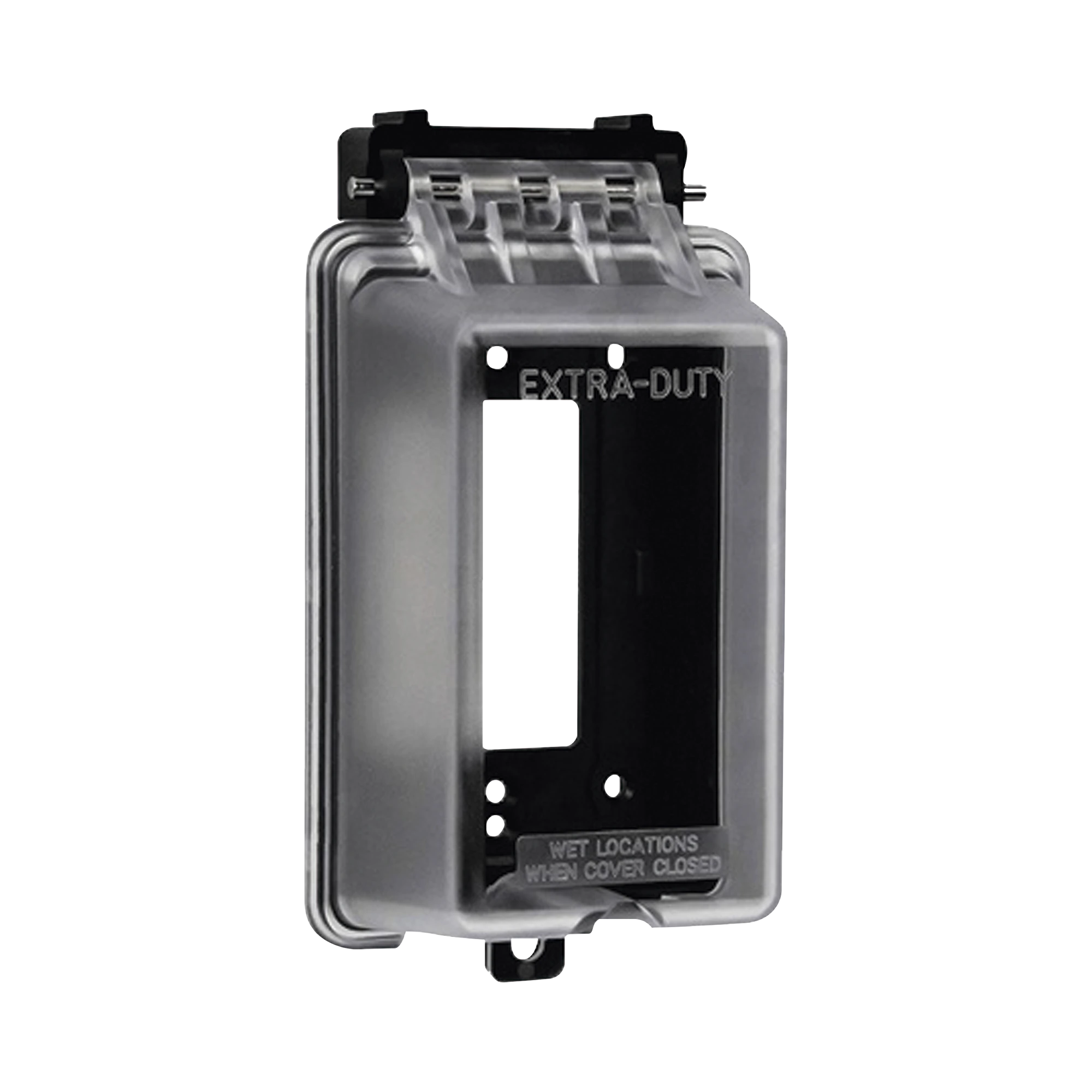 CAJA PROTECTORA DE CONTACTOS PARA EXTERIOR / POLICARBONATO DE ALTO IMPACTO / PROTECCIÓN NEMA 3R / 127V 15A 60HZ / TAPA TRANSPARENTE BASE NEGRA / RESISTENTE A INTEMPERIE UV