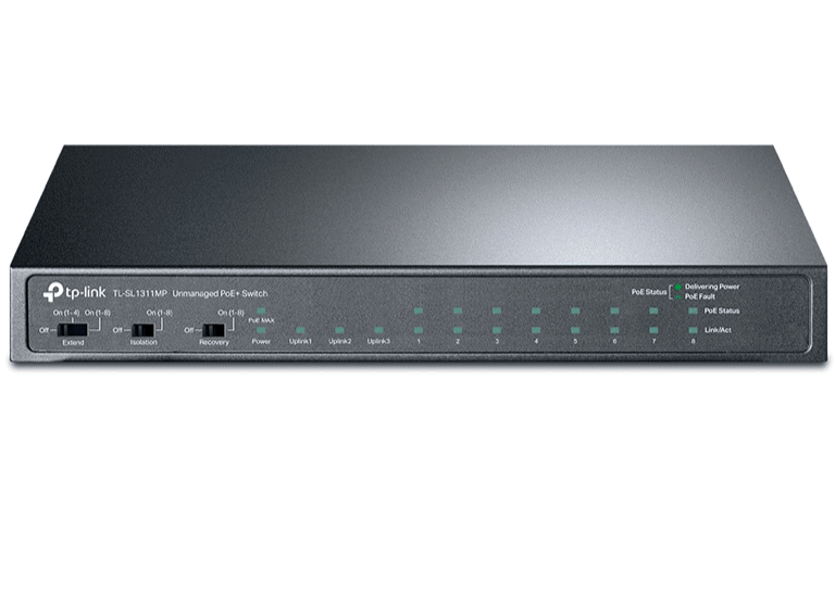 TP-LINK - TL-SL1311MP / SWITCH DE ESCRITORIO NO ADMINISTRABLE 11 PUERTOS / 8 PUERTOS 10/100MBPS RJ45 POE+/ 2 PUERTOS 10/100/1000 RJ45 / 1 PUERTO GIGABIT SFP / 8 PUERTOS POE+ / 124 WATTS TOTALES / POE HASTA 100M / MODO EXTENDIDO HASTA 250M-Switches POE-TP-LINK-Bsai Seguridad & Controles