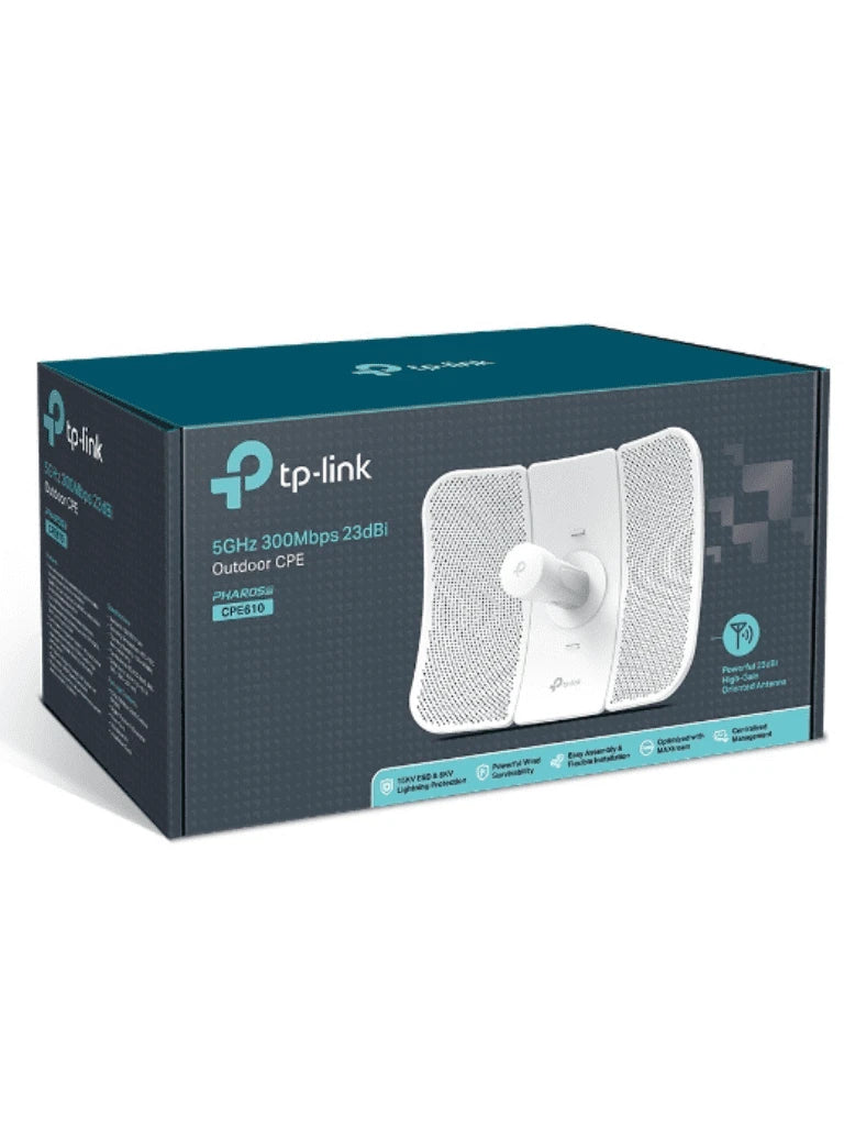 TP-LINK CPE610 - CPE PARA EXTERIORES DE 5 GHZ, 300 MBPS, 23 DBI, HASTA 300 MBPS EN 5 GHZ, ANTENA MIMO DIRECCIONAL 2×2 DE ALTA GANANCIA , TECNOLOGÍA PHAROS MAXTREAM TDMA, PHAROS CONTROL PARA ADMINSITRACIÓN CENTRALIZADA, PHAROS CONTROL-Banda 5.8 GHz-TP-LINK-Bsai Seguridad & Controles