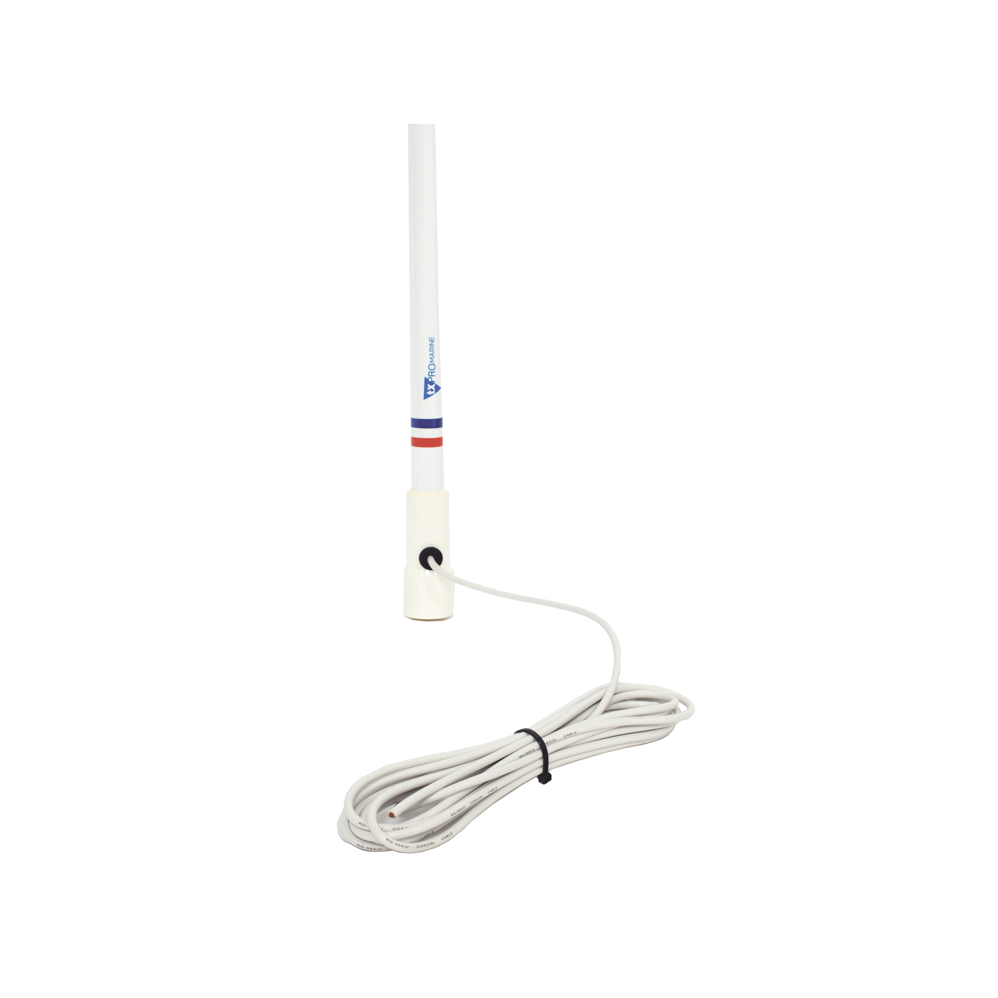 ANTENA MARINA VHF EN FIBRA DE VIDRIO EN RANGO DE 156 A 163 MHZ, INCLUYE 4.5 METROS DE CABLE Y CONECTOR PL-259 MACHO.