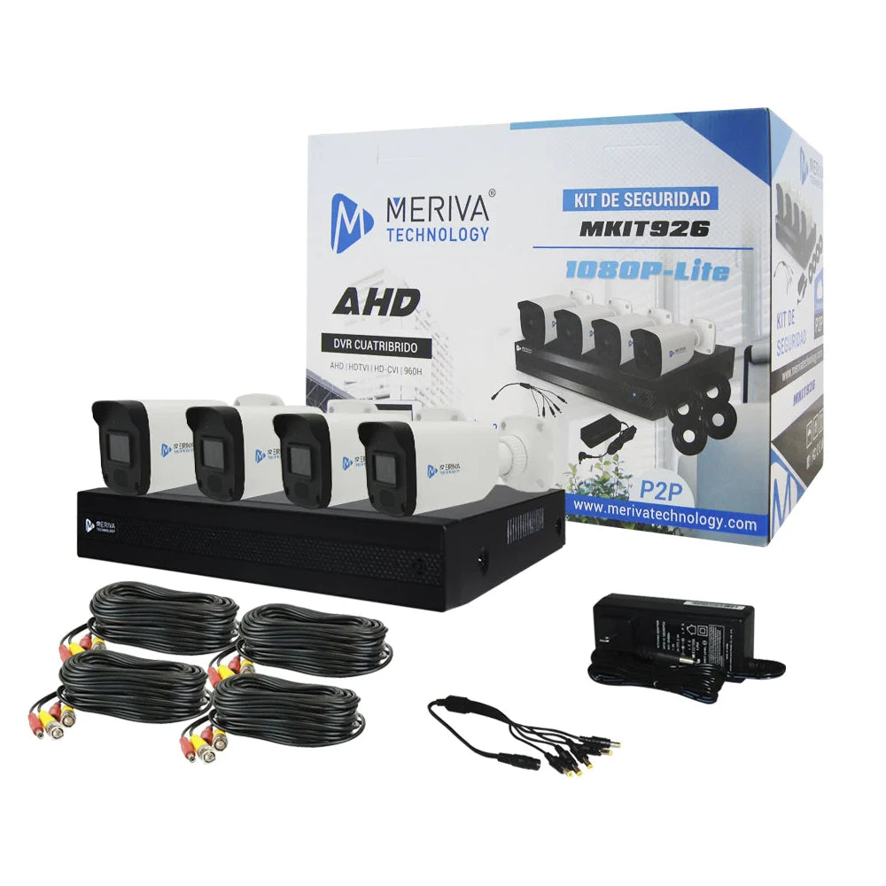 KIT 4X4 1080P 2MP MKIT926 INCLUYE DVR 4CH + 4 CÁMARAS BULLET METAL 2MP 3.6MM MSC-207 + 4 CABLES 18MTS C/U + FUENTE DE PODER Y DISTRIBUIDOR DE ENERGÍA-Kits Cámaras de Seguridad-MERIVA TECHNOLOGY-Bsai Seguridad & Controles