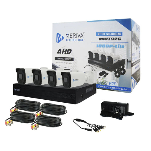 KIT 4X4 1080P 2MP MKIT926 INCLUYE DVR 4CH + 4 CÁMARAS BULLET METAL 2MP 3.6MM MSC-207 + 4 CABLES 18MTS C/U + FUENTE DE PODER Y DISTRIBUIDOR DE ENERGÍA-Kits Cámaras de Seguridad-MERIVA TECHNOLOGY-MKIT926-Bsai Seguridad & Controles