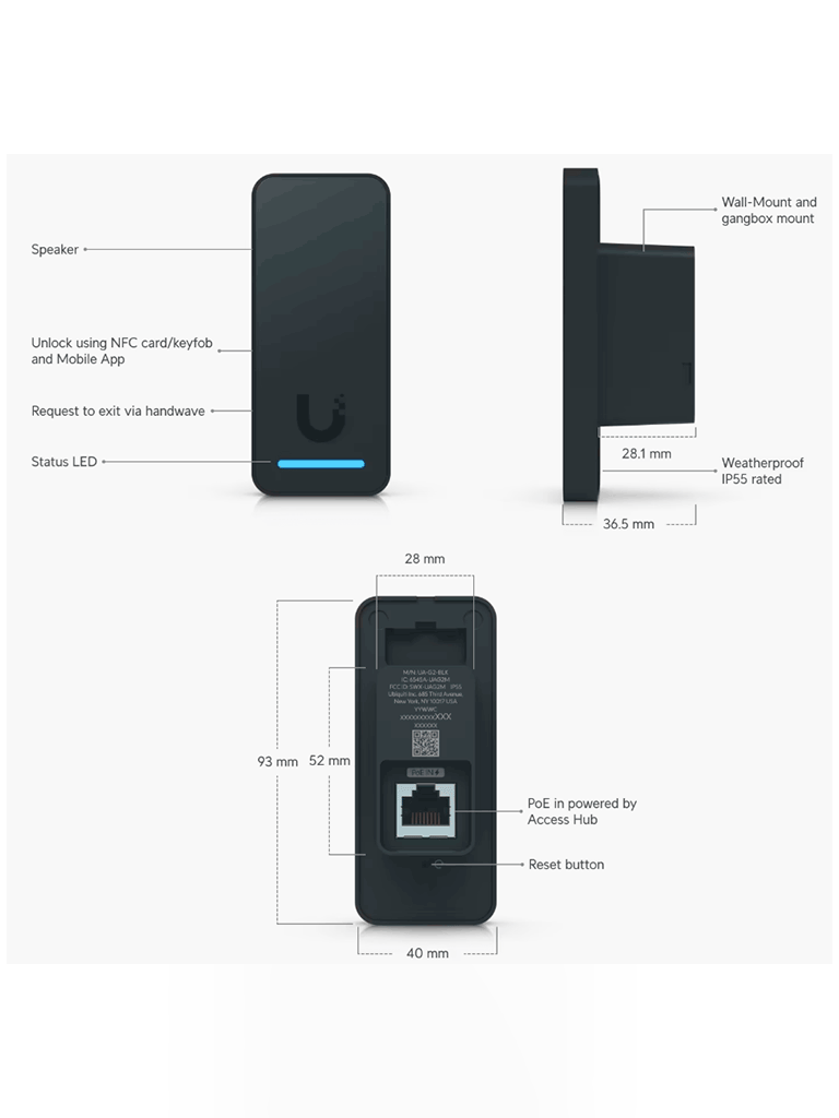 UBIQUITI UA-G2-BLACK - LECTORA NFC PARA CONTROL DE ACCESO , DESBLOQUEO MEDIANTE NFC O APP UNIFI IDENTITY , CONFIGURACIÓN DE MENSAJE PARA BIENVENIDA &SALIDA , GRADO DE PROTECCIÓN IP55 , CONEXIÓN A UNIFI ACCESS HUB MEDIANTE POE.-Proximidad-UBIQUITI-UBI0730003-Bsai Seguridad & Controles