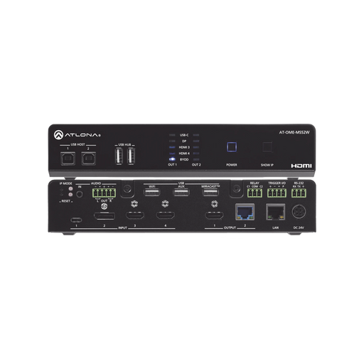 OMEGA 5X2 4K/UHD MULTIFORMAT MATRIX SWITCHER, WITH WIRELESS CASTING ,HDMI, USB-C, DISPLAY PORT, AND USB PASS THROUGH OVER HDBASET FOR EUROPE-VoIP - Telefonía IP - Videoconferencia-ATLONA-AT-OME-MS52W-EU-Bsai Seguridad & Controles