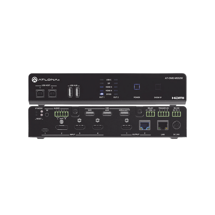 OMEGA 5X2 4K/UHD MULTIFORMAT MATRIX SWITCHER, WITH WIRELESS CASTING ,HDMI, USB-C, DISPLAY PORT, AND USB PASS THROUGH OVER HDBASET FOR EUROPE-VoIP - Telefonía IP - Videoconferencia-ATLONA-AT-OME-MS52W-EU-Bsai Seguridad & Controles