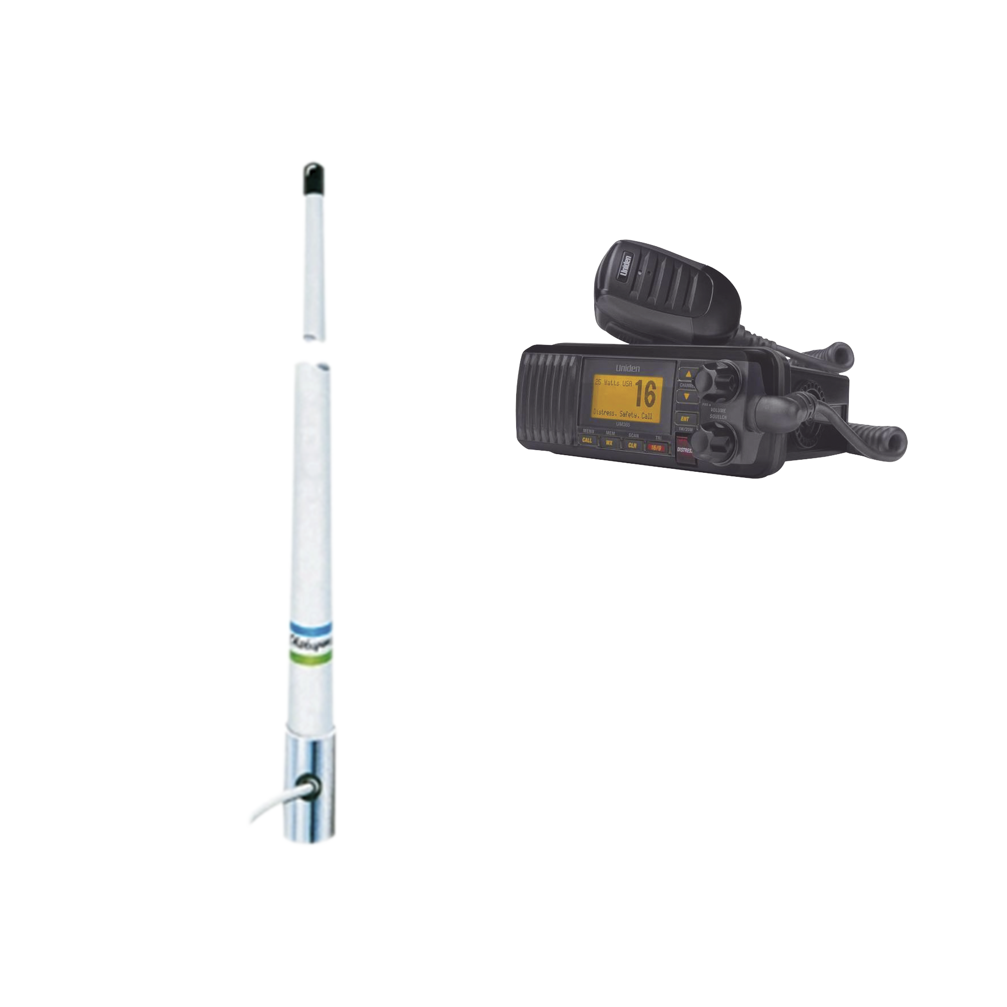 KIT DE RADIO MÓVIL VHF MARINO MODELO UM-385 COLOR NEGRO Y ANTENA MARINA SHAKESPEARE EN FIBRA DE VIDRIO 5101