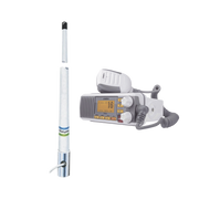 KIT DE RADIO MÓVIL VHF MARINO MODELO UM-385 COLOR BLANCO Y ANTENA MARINA SHAKESPEARE DE FIBRA DE VIDRIO 5101