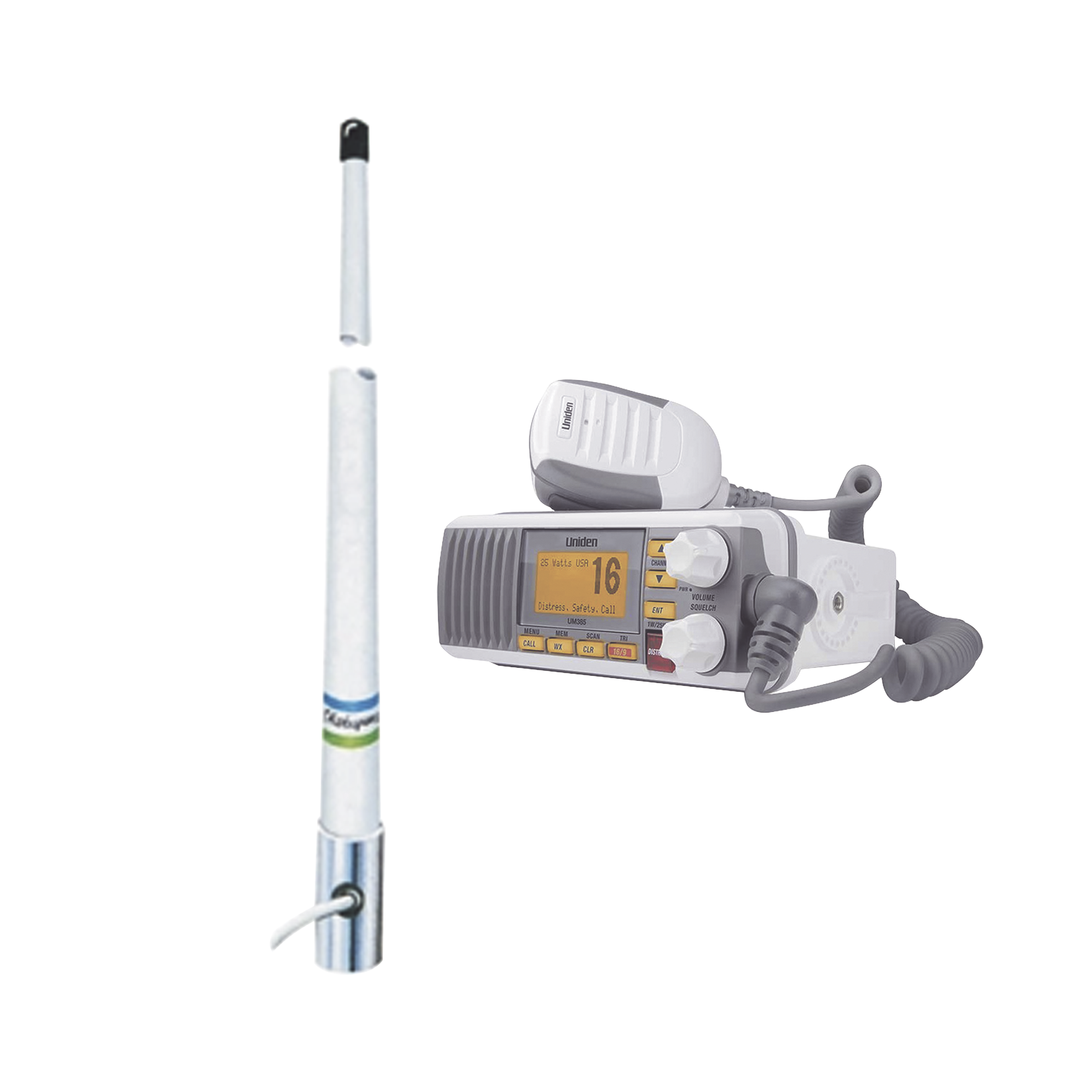 KIT DE RADIO MÓVIL VHF MARINO MODELO UM-385 COLOR BLANCO Y ANTENA MARINA SHAKESPEARE DE FIBRA DE VIDRIO 5101