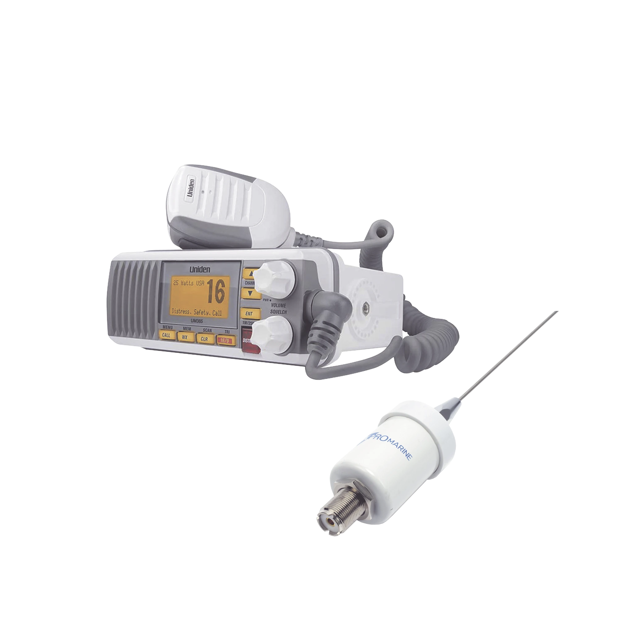 KIT DE RADIO UM385 | MAS ANTENA MARINA DE FIBRA DE VIDRIO TX-1600-SYS