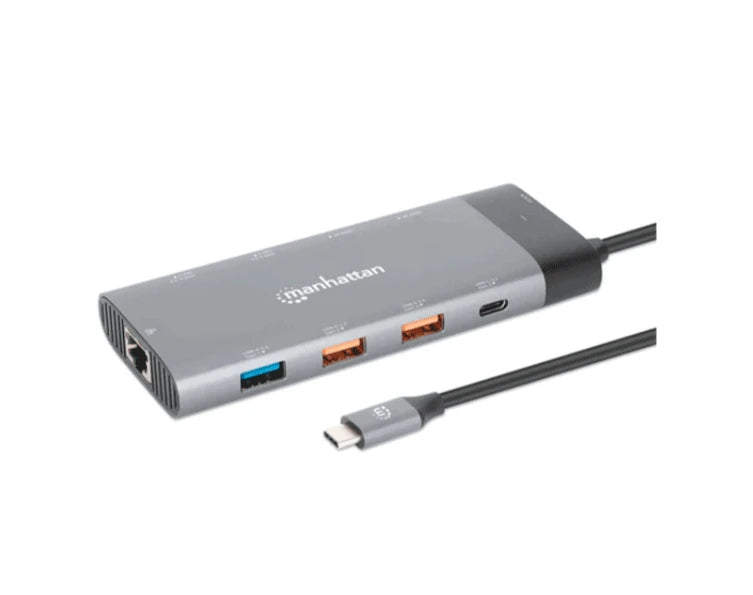 MANHATTAN 130714 - DOCKING STATION USB-C PARA MONITOR DUAL 8K Y CARGA PD / USB 3.2 GEN 2 TIPO-C MACHO A DOS PUERTOS HDMI, CINCO PUERTOS USB-A, PUERTO DE SUMINISTRO DE ENERGÍA USB-C (100 W), USB-C PUERTO DE DATOS Y PUERTO GIGABIT RJ45-Accesorios y Cables USB-MANHATTAN-Bsai Seguridad & Controles