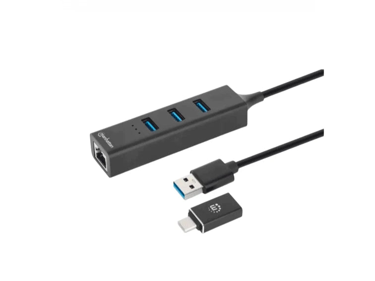 MANHATTAN 180894 - ADAPTADOR DE RED GB USB A/C CON HUB V3.2 / USB-A MACHO CON ACOPLADOR USB-C MACHO A CONECTOR RJ-45 HEMBRA Y TRES CONECTORES USB-A DE 5 GBPS DE SÚPER VELOCIDAD (USB 3.2 GEN1), ALIMENTADO POR BUS, NEGRO-Accesorios y Cables USB-MANHATTAN-Bsai Seguridad & Controles