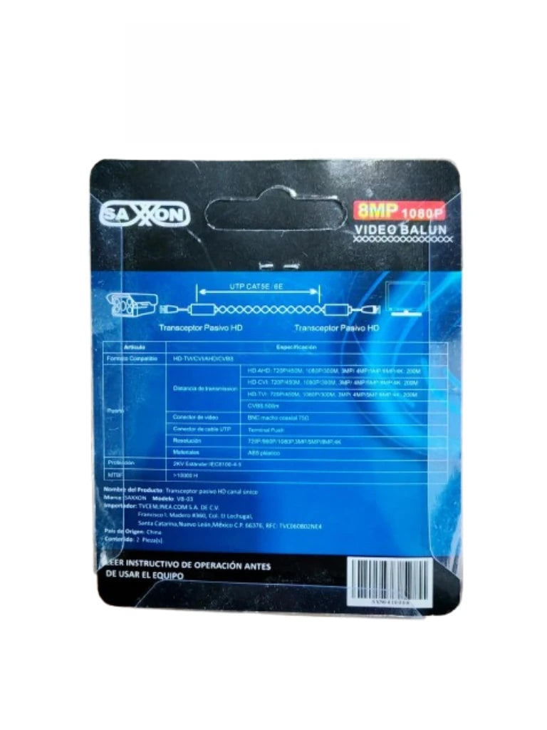 SAXXON VB-03 - PAR DE TRANSCEPTORES PASIVOS (VIDEO BALUNS) SOPORTA 8MP 4K A 150M, 4MP A 200M, 1080P A 250M, 720P A 300M 