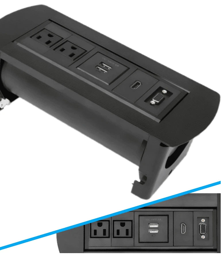 MANHATTAN 164832 - CAJA DE CONEXIONES PARA ESCRITORIO DE APERTURA GIRATORIA/ 1 PUERTO HDMI CON CONEXIÓN DE PASO/ 2 CONTACTOS ELECTRICOS/ 2 PUERTOS USB-A CON LED Y 1 SALIDA DE HASTA 2.1A / 5 VDC/ 1 PUERTO VGA/-VENDOR-Bsai Seguridad & Controles