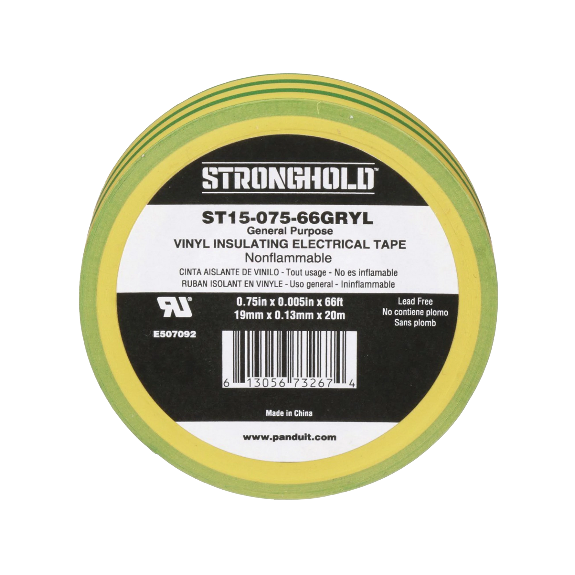 CINTA ELÉCTRICA STRONGHOLD PARA AISLAR, DE PVC, USO CONSTRUCCIÓN GENERAL EN TIERRAS FÍSICAS, GROSOR DE 0.13 MM, ANCHO DE 19.05 MM, Y 20.12 M DE LARGO, COLOR AMARILLO/VERDE.-Canalización-PANDUIT-Bsai Seguridad & Controles