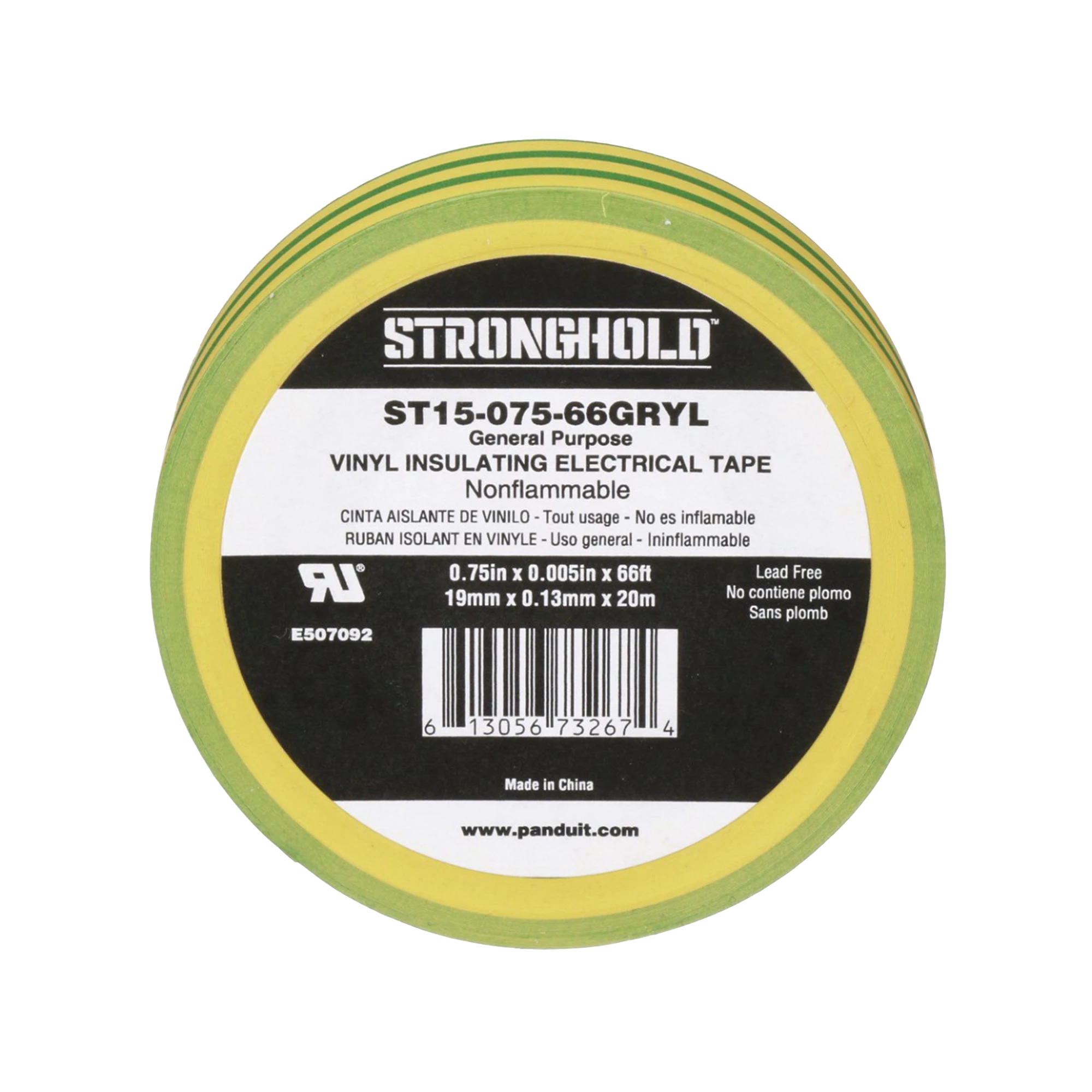 CINTA ELÉCTRICA STRONGHOLD PARA AISLAR, DE PVC, USO CONSTRUCCIÓN GENERAL EN TIERRAS FÍSICAS, GROSOR DE 0.13 MM, ANCHO DE 19.05 MM, Y 20.12 M DE LARGO, COLOR AMARILLO/VERDE.-Canalización-PANDUIT-Bsai Seguridad & Controles